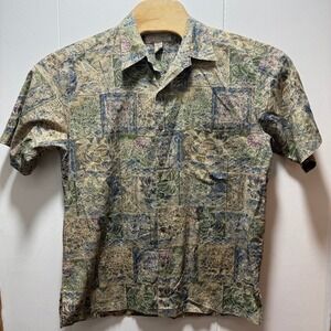 Tori Richard Mens Cotton Lawn Hawaiian Shirt M Patchwork Batik Floral Green Blue